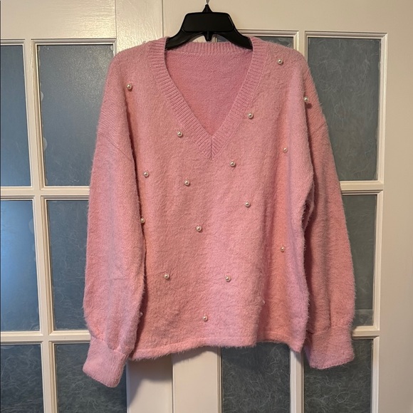 VENUS Sweaters - VENUS Pink V-Neck Sweater with Textured Design